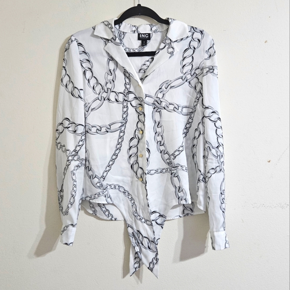 INC Satin Chain-Print Tie-Front Blouse - Picture 1 of 7